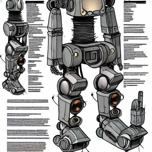 Image similar to pose reference sheet for salvaged robot pilgrim, wandering robot, art by moebius, reference art