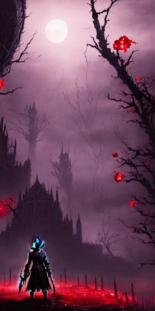 Image similar to abandoned bloodborne old valley with a person at the centre and a ruined city at the end, trees and stars in the background, falling red petals, epic red - orange moonlight, perfect lightning, illustration by niko delort and kentaro miura, 4 k, ultra realistic