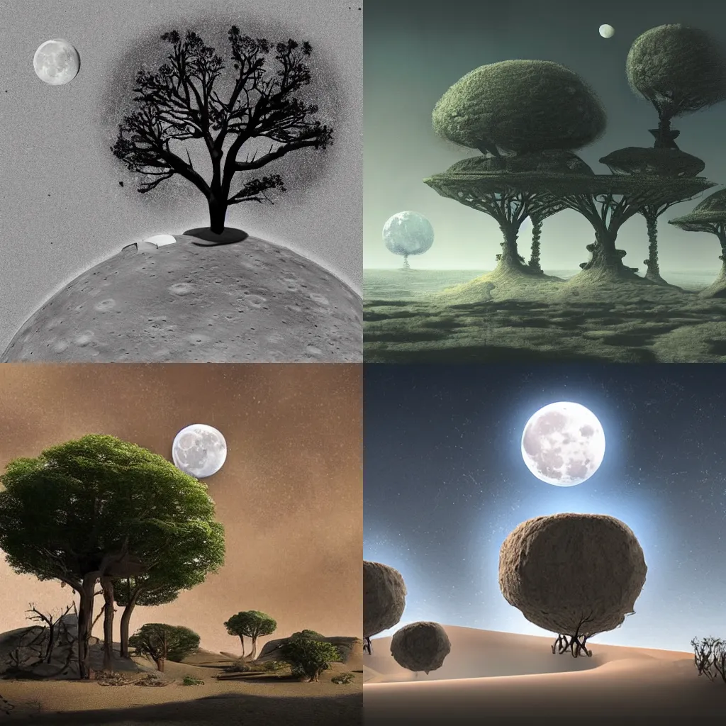 Prompt: moon landscape with treehouse. moon craters and moon dust can be seen. 2 0 9 6 ad. sci - fi concept art