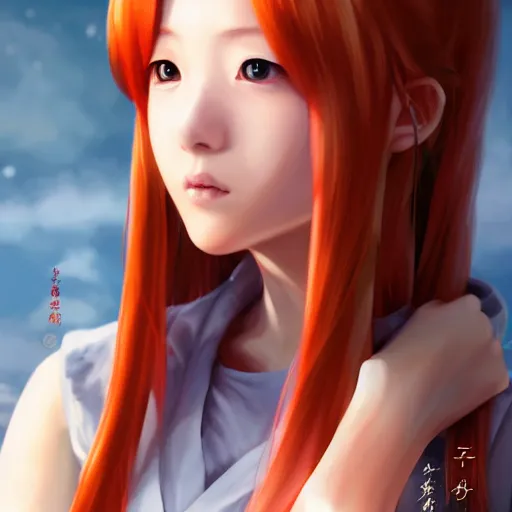 Image similar to ultra-detailed, HD semirealistic anime CG concept art digital painting of a redhead close-up Japanese schoolgirl, by a Chinese artist at ArtStation, by Huang Guangjian, Fenghua Zhong, Ruan Jia, Xin Jin and Wei Chang. Realistic artwork of a Chinese videogame, gentle an harmonic colors.