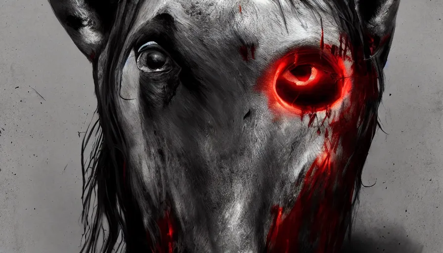 Prompt: promotional movie for a horror movie about a killer with horse mask, hyperdetailed, artstation, cgsociety, 8 k