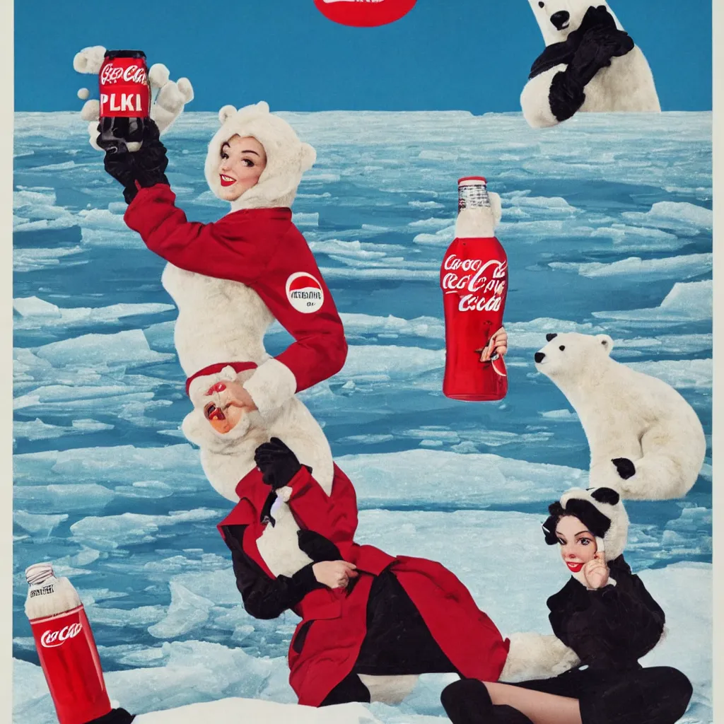 Prompt: woman wearing a parka drinking a bottle of coke in front of an icy polar landscape, polar bear in the far background, coka-cola advertisement, pinup style, retro ad, print advertising, 1960's