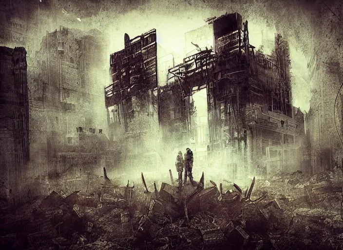 Prompt: silent apocalypse, dystopia, steampunk, digital art, faded