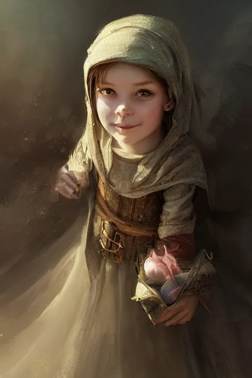 Image similar to medieval little girl, joyful, hope, dreaming, close - up portrait, intricate, elegant, volumetric lighting, scenery, digital painting, highly detailed, artstation, sharp focus, illustration, concept art, ruan jia, steve mccurry