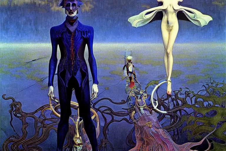 Image similar to realistic extremely detailed portrait painting of an elegantly creepy vampire man in cape, futuristic sci-fi landscape on background by Jean Delville, Amano, Yves Tanguy, Alphonse Mucha, Ernst Haeckel, Edward Robert Hughes, Roger Dean, rich moody colours, blue eyes