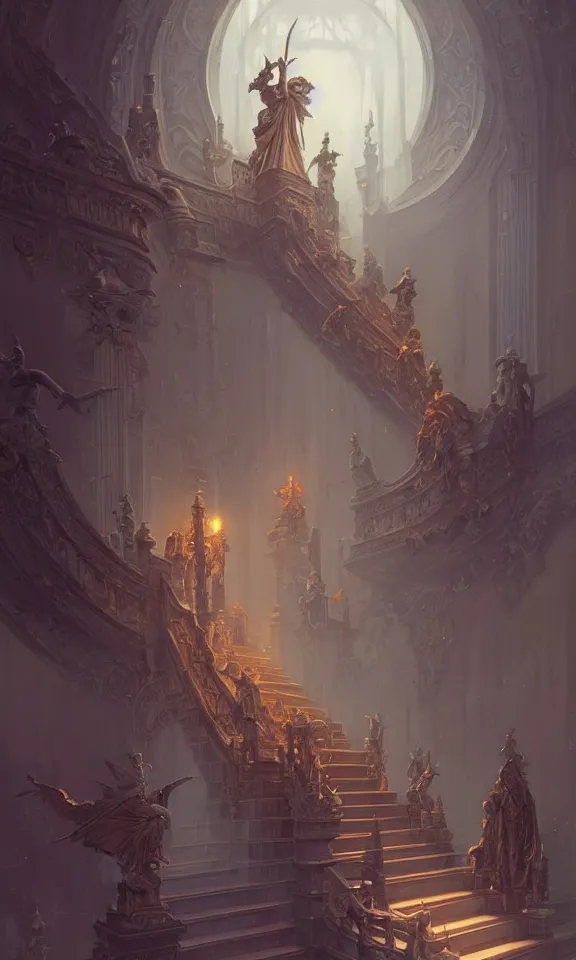 Image similar to straight staircase with ornate statues to heaven, art by greg rutkowski and peter mohrbacher, featured in artstation, octane render, cinematic, elegant, intricate, ultra detailed, rule of thirds, professional lighting, unreal engine, fantasy, concept art, sharp focus, illustration, 8 k