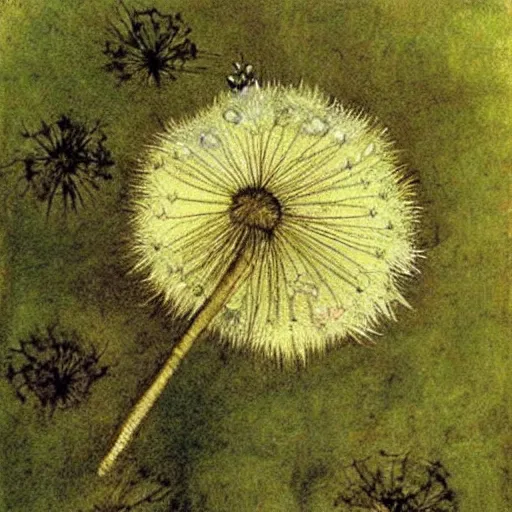 Image similar to a beautiful fairytale painting of a dandelion seed that is also a fluffy fairy. the dandelion seed is the body of the fairy. beautiful clear painting by arthur rackham