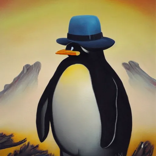 Prompt: penguin with a hat is looking at a burning forest which is sadly beautiful, dystopian oil painting