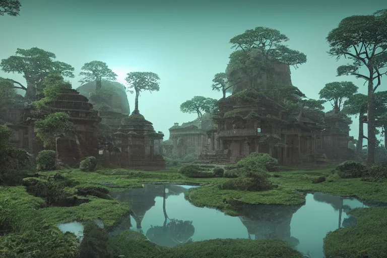 Prompt: photography of a beautiful archipelago of never seen before stunning ancient indian temple and palaces. complex intricate pilars patern, runes. trees water and flowers. afternoon light, inspiring science fiction, intricate, elegant, uplifting, inspirational, unreal engine 5, highly detailed by beksinski