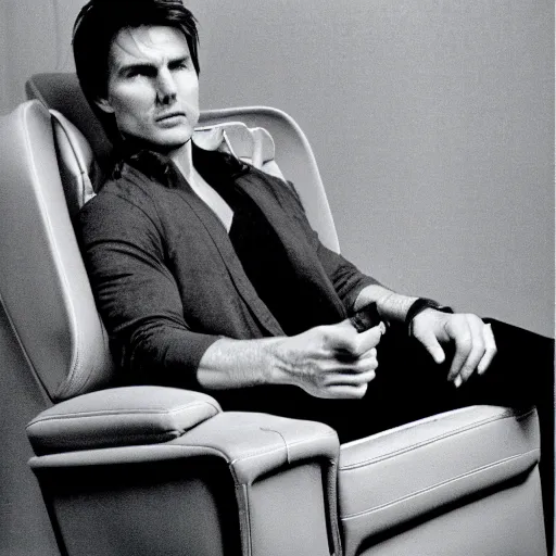 Image similar to Polaroid of Tom Cruise sitting in recliner with remote control 1983