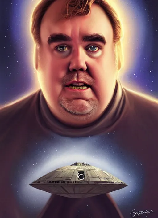 Image similar to hyper realistic, zoomed out portrait of a mega derpy john candy in star wars, stoned, by greg rutkowski, scott m fischer, artgerm, loish, slight glow, atmospheric, anne stokes, alexandros pyromallis