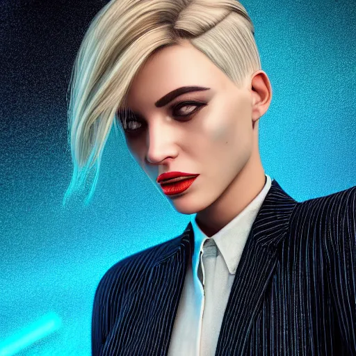 Image similar to stylish woman cartoon portrait made out of rain, pinstripe suit, short blond hair, galactic background, rendered in octane, unreal engine, highly detailed, trending on artstation, realistic, splashes of neon, beautiful