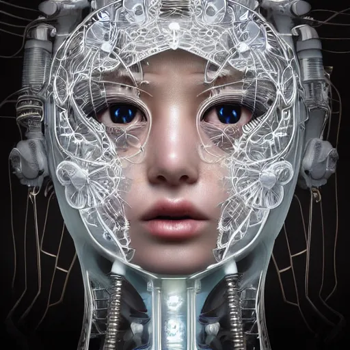 Prompt: stunning hyperdetailed upclose symmetrical portrait of 2 0 year old asian cyborg girl with translucent porcelain skin, lush thick hair, big electric eyes, ultra detailed ornate neon wire lacing, ultra detailed steampunk cyborg implants, complex white nano mechanical flowers, micro detail, by satoshi kon, sharp focus, trending on artstation hq, deviantart, pinterest, 8 k