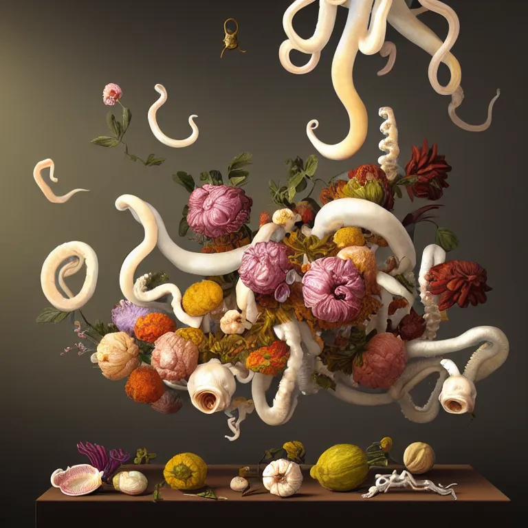 Prompt: still life of flowers on a table, alien squid, white octopus, , surreal alien ribbed fruit, human spine, baroque painting, beautiful detailed intricate insanely detailed octane render trending on Artstation, 8K artistic photography, photorealistic, chiaroscuro, Raphael, Caravaggio, infrared photo