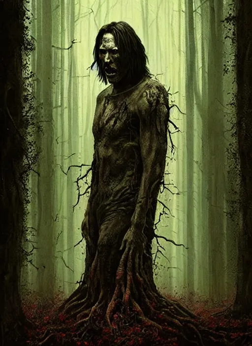 Image similar to highly detailed horror movie poster with angry creepy keanu reeves as a tree, keanu reeves faces in the bark of many trees sentient leafy catastrophe by greg rutkowski, masterpiece, really funny, 1 0 / 1 0 creepy