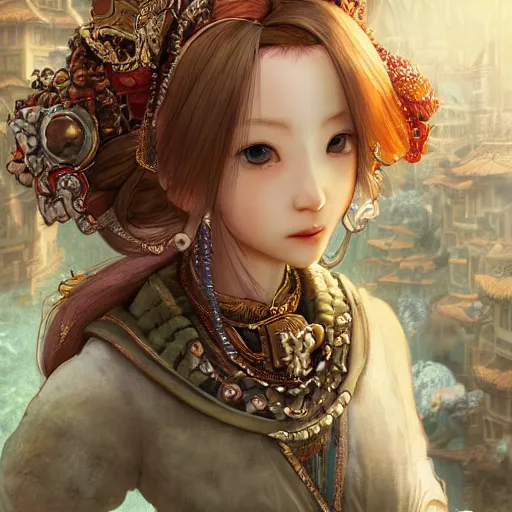 Prompt: character portrait of the monkey princess with gorgeous detailed eyes in the marketplace in the sky, color page, tankoban, 4 k, tone mapping, doll, akihiko yoshida, james jean, andrei riabovitchev, marc simonetti, yoshitaka amano, long hair, ape, curly