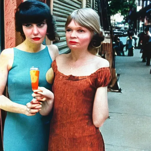 Image similar to 1976 color archival photo of a glamorous woman in a dress, and her friend, who looks like Caspar the Friendly Ghost, in a sidewalk cafe, 16mm film soft color, earth tones and soft color 1976, live-action archival footage, in style of doris wishman russ meyer, woman looks like young mia farrow