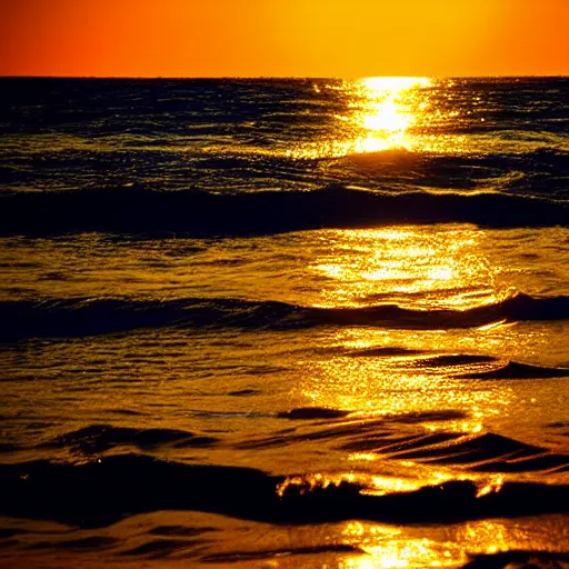 Image similar to sunset on the ocean, water is glowing golden, gold colored glowing water, sun surrounded by blackness, sky completely dark, night sky with stars visible with the sun still on the horizon