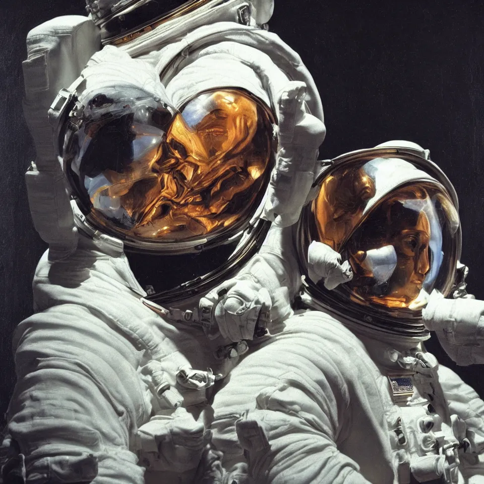 Image similar to a detailed bust of an astronaut by caravaggio, dynamic lighting, cinematic, epic composition, masterpiece