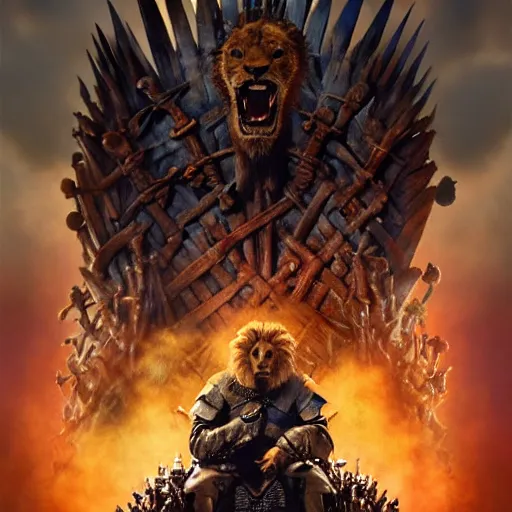 Image similar to Lion, Anthropomorphized, as warlord general on iron throne, magic the gathering artwork, D&D, fantasy, cinematic lighting, centered, symmetrical, highly detailed, digital painting, artstation, concept art, smooth, sharp focus, illustration, volumetric lighting, epic Composition, 8k, art by Akihiko Yoshida and Greg Rutkowski and Craig Mullins, heroic pose, oil painting, cgsociety, Battlefield background, explosions, arrows