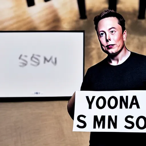 Image similar to a medium shot photograph of elon musk holding a sign with the word SOON' on it, 4k, ultra HD