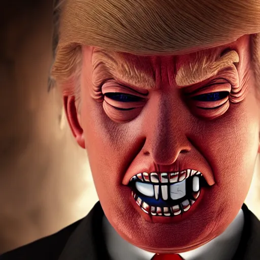 Prompt: Donald Trump with Jigsaw from Saw body, realistic artstyle, wide shot, dramatic lighting, octane render, hyperrealistic, high quality, highly detailed, HD, beautiful, cinematic, 8k, unreal engine, facial accuracy, symmetrical