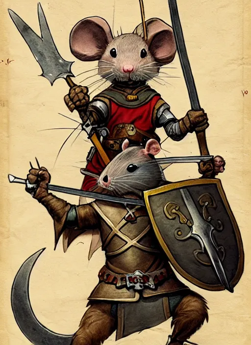 Image similar to a heroic mouse knight with sword and shield on a parchment background, redwall, greg rutowski and jean baptiste monge, detailed, epic fantasy concept art