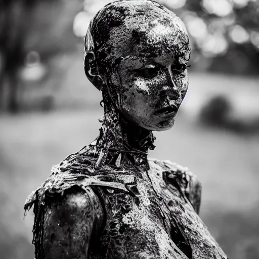 Prompt: a woman made out of metal who's rusting on her arms, 5 0 mm lens, f 1. 4, sharp focus, ethereal, emotionally evoking, head in focus, volumetric lighting, blur dreamy outdoor,