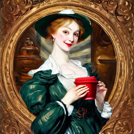 Image similar to eavenly summer sharp land sphere scallop well dressed lady holding a starbucks coffee, auslese, by peter paul rubens and eugene delacroix and karol bak, hyperrealism, digital illustration, fauvist, starbucks coffee, green coffee logo