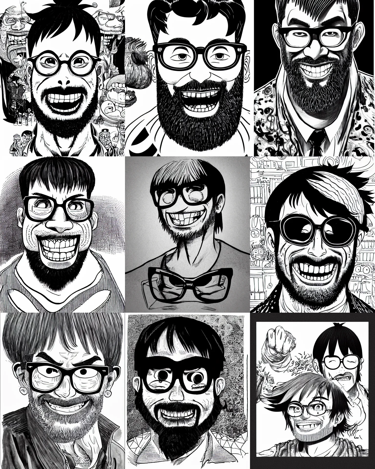 Prompt: highly detailed ink illustration of a buff smiling man with long stubble, big square glasses and a bowl cut, wearing a black shirt, b & w clean shaped illustration by kim jung gi and eiichiro oda