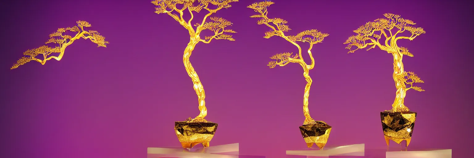 Image similar to beautiful mannequin sculpted out of amethyst by billelis + lit with geometric neon dripping gold + kintsugi, facing a doorway opening with neon pink geometric fractal light + flowering bonsai trees + lighting in background!!, transcendent, clean linework, dramatic, finely detailed, award winning, 4 k, trending on artstation, photorealistic, volumetric lighting, octane render