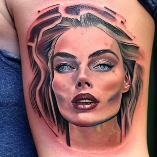 Prompt: face morph tattoo design of margot robbie with beautiful mountain scenery, in the style of arlo dicristina, amazing detail, mash up