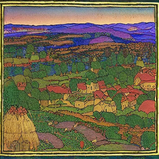 Prompt: detailed print of a landscape of a medieval village and crops by ivan bilibin and edmund dulac and ilya kuvshinov and katsuhiro otomo. full color scheme