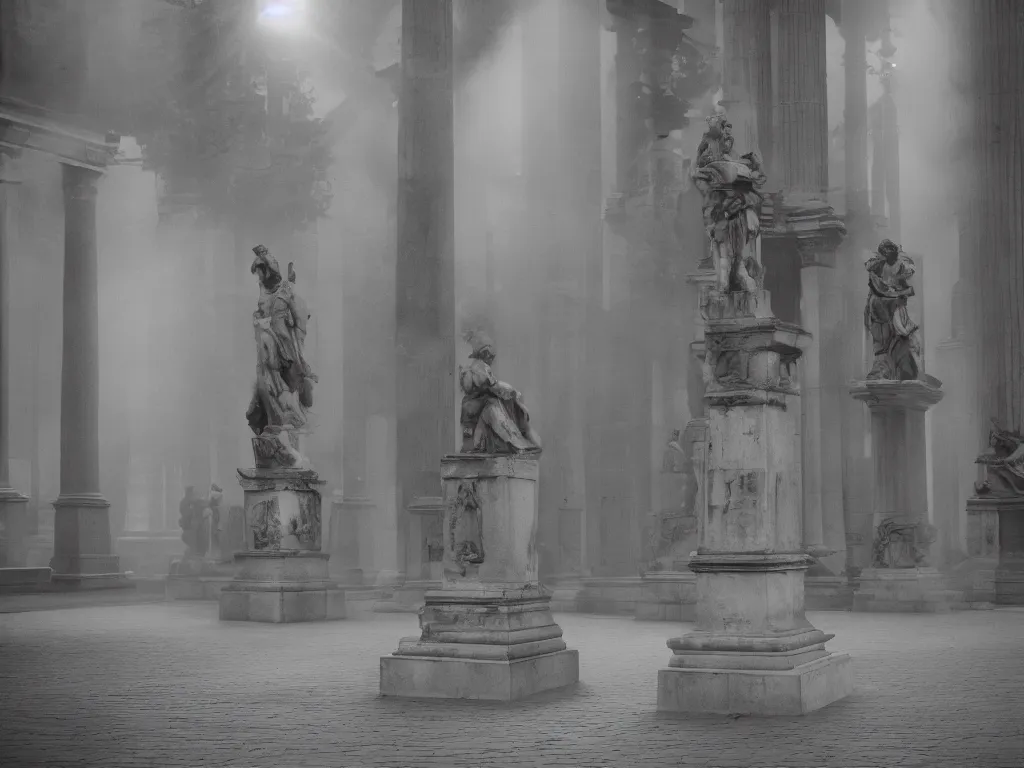Prompt: 50 mm analog photo of a liminal space with classic statues, cinematic lights, fog, godrays
