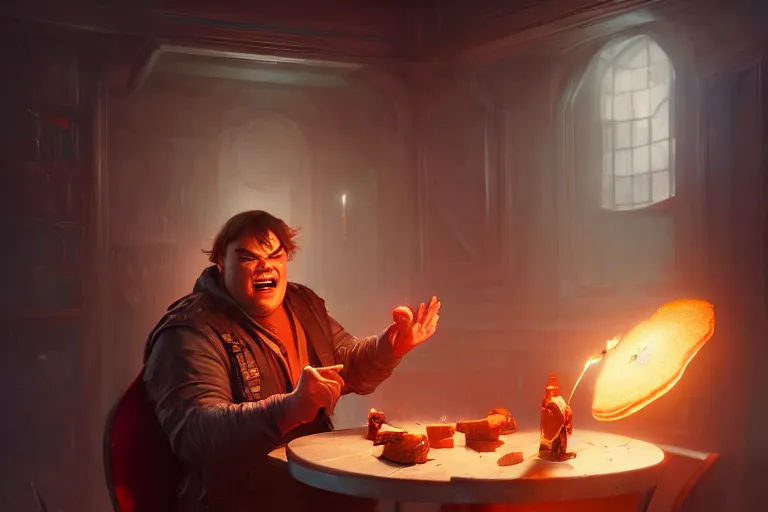 Prompt: jack black inside pancakes, hyper detailed, digital art, artstation, cinematic lighting, studio quality, smooth render, by caravaggio, artgerm, greg rutkowski