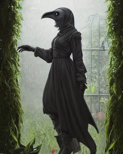 Image similar to portrait of a female plague doctor in a botanical greenhouse, heavy rain outside, wind, thunder, reflections, deep focus, d & d, fantasy, intricate, elegant, highly detailed, digital painting, artstation, concept art, matte, sharp focus, illustration, hearthstone, art by artgerm and greg rutkowski and alphonse mucha