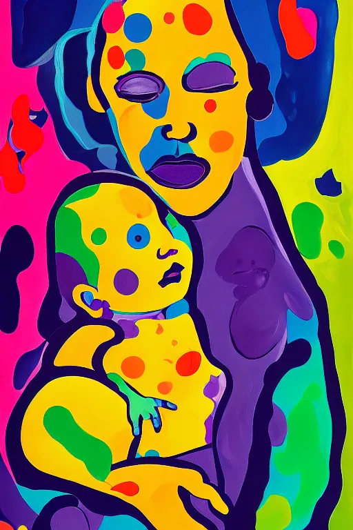 Image similar to a painting of a woman holding a baby, an ultrafine detailed painting by peter max and hernan bas and anna mond, featured on deviantart, metaphysical painting, biomorphic, fauvism, mixed media, photorealistic, dripping paint, palette knife texture, masterpiece