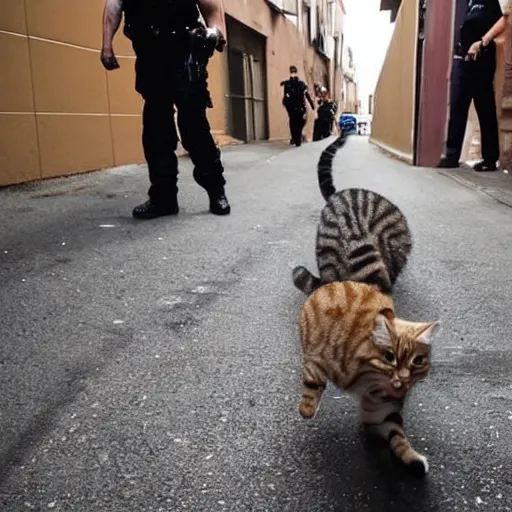 Image similar to police chasing a cat into an alley, high quality