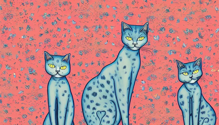 Image similar to artwork of really tall sitting cats by james jean, thick brush, 4 k resolution, floral background