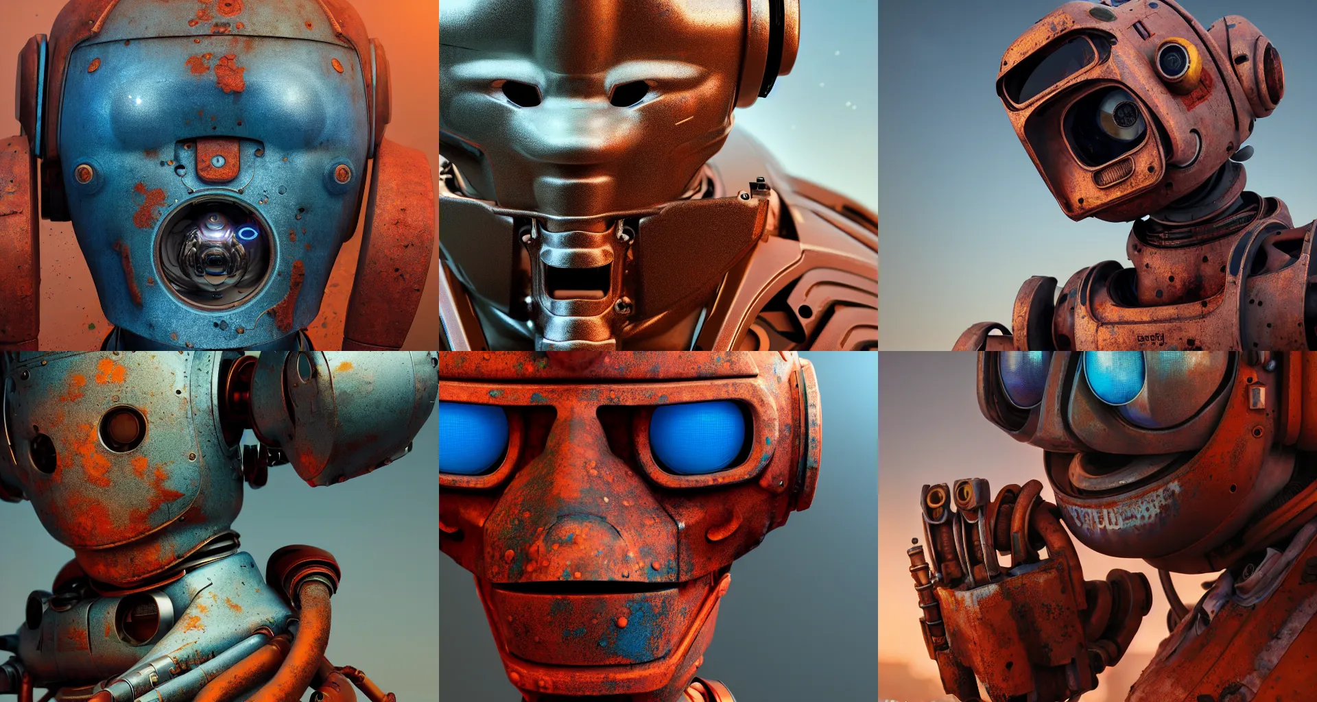 Prompt: incredibly realistic, too detailed face of blue collar robot, real rust and dents, octane render, bump mapping, macro image, global illumination, 8 k, bokeh, enki bilal, yuji himukai, jen zee, mohrbacher