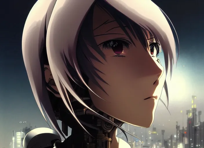 Image similar to a anime portrait of a cyborg woman, finely detailed features, closeup at the face, sharp focus, aesthetically pleasing art, night time city background, cinematic lighting, highly detailed, intricate, smooth, anime!! artstation, trending on pixiv fanbox, painted by greg rutkowski and studio ghibli and yoji shinkawa and hayao miyazaki,