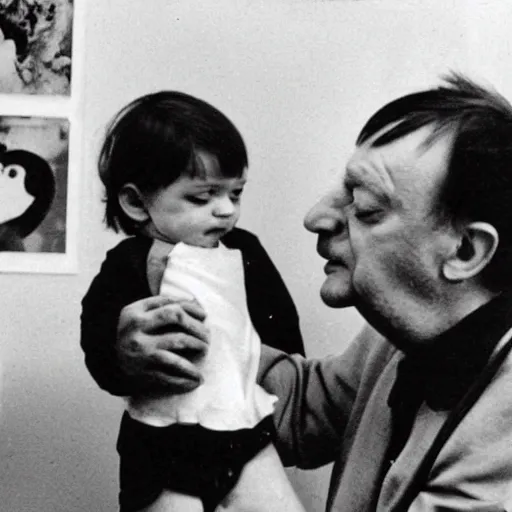 Prompt: mark e smith shaking a baby