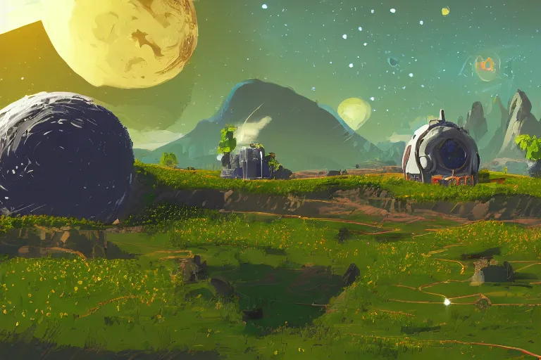 Image similar to computer game art, a small planet in the future, a Tinker's shack on a barren planet, wild berry vines, a berry farm, space junk, volcanoes, in the style of No Man's Sky and Breath of the Wild