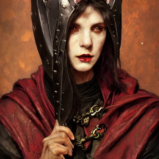 Image similar to masterpiece portrait of a surly and resentful female tiefling thief with horns clothed in ragged leather armor and a cloak, by Greg Rutkowski and John Collier and Krenz Cushart and Artem Demura and Alphonse Mucha and Albert Aublet, as seen on ArtStation, 4k, dungeons and dragons, very aesthetic, very detailed, intricate, unreal, fantasy, dramatic, painterly, artstation, sharp focus, smooth