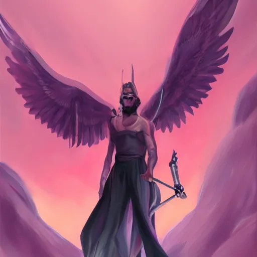 Image similar to lucifer in mountain using pink jumpsuit tarot card, digital, rider waite card, painting, ultradetailed, artstation, oil painting, ultradetailed, artstation