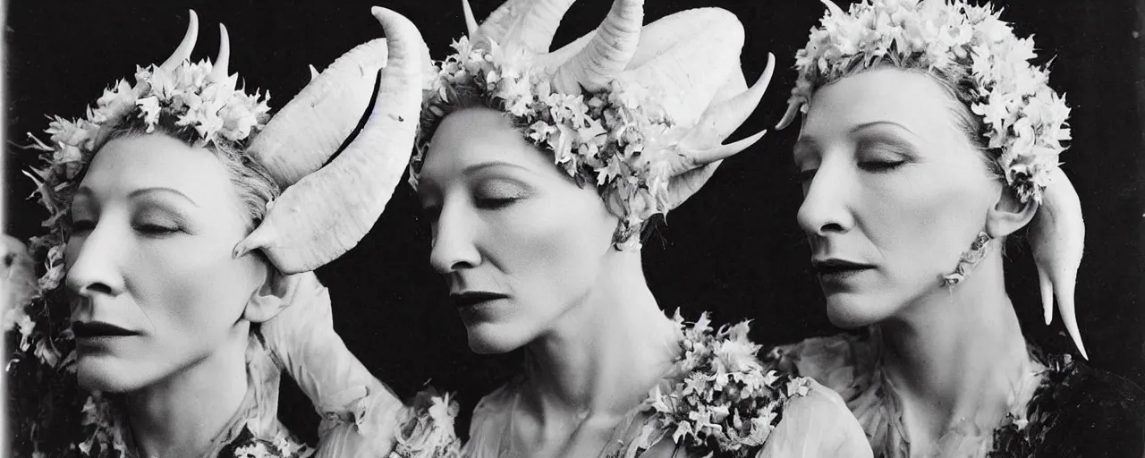 Image similar to 1920s portrait photography of cate blanchett transforming into a monster, edelweiss growing out of his face, goat horns on his head