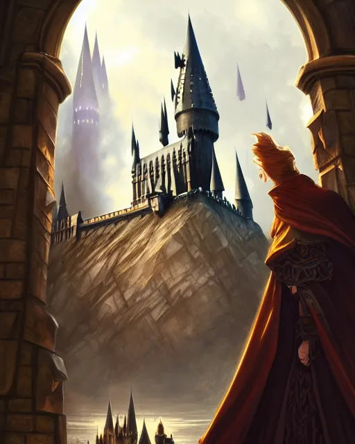 Image similar to characters from harry potter, hogwarts castle background, mtg, d & d, fantasy, intricate, elegant, highly detailed, digital painting, artstation, concept art, matte, sharp focus, illustration, hearthstone, art by artgerm and greg rutkowski and alphonse mucha