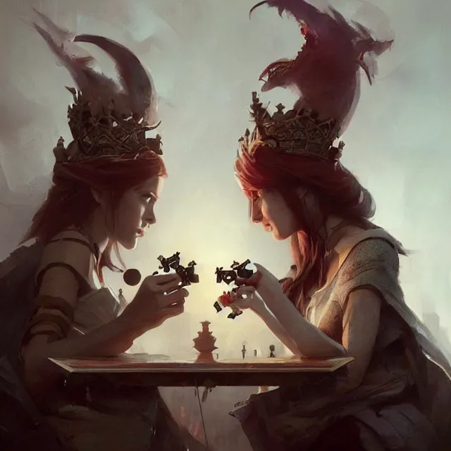 Image similar to a painting of two queens playing games by greg rutkowski, dark fantasy art, high detail, trending on artstation