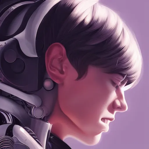 Image similar to portrait of cool boy with robot body by artgerm and ilya kuvshinov, close up, portrait, cinematic, elegant, artstation, intricate, highly detailed, digital painting, artstation, concept art, sharp focus, illustration, cyberpunk, cgsociety, 8 k