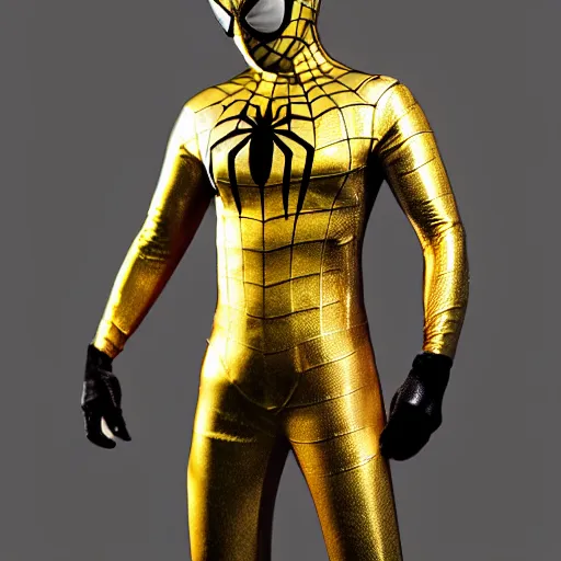 Image similar to gold spider - man suit with black web lining, cinematic, volumetric lighting, realistic, hyperdetailed, photorealistic, photograph